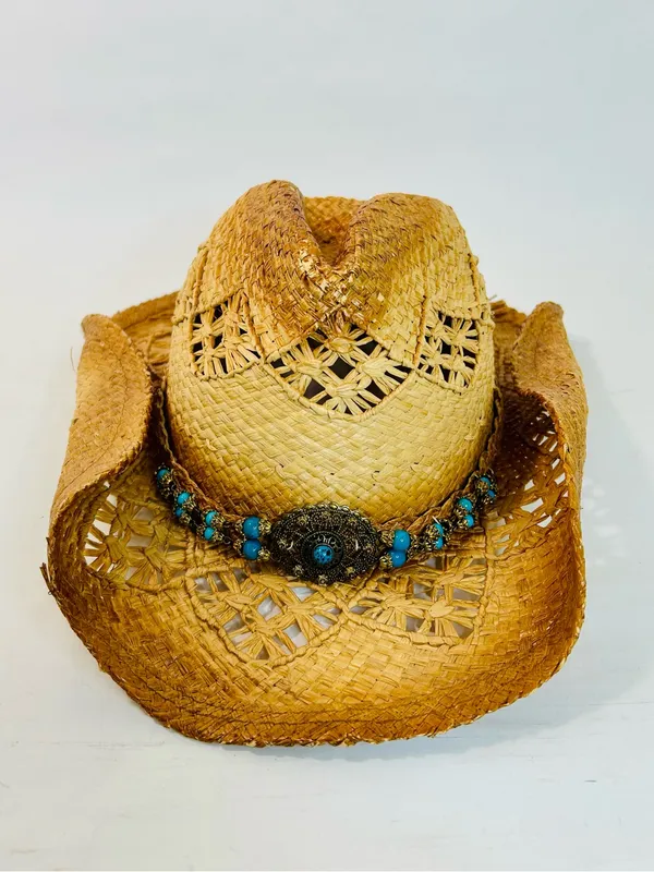 Scala Women’s Cattlemen Western Hat, 100% Rafia with Turquoise Beaded Design, OS - Image 2