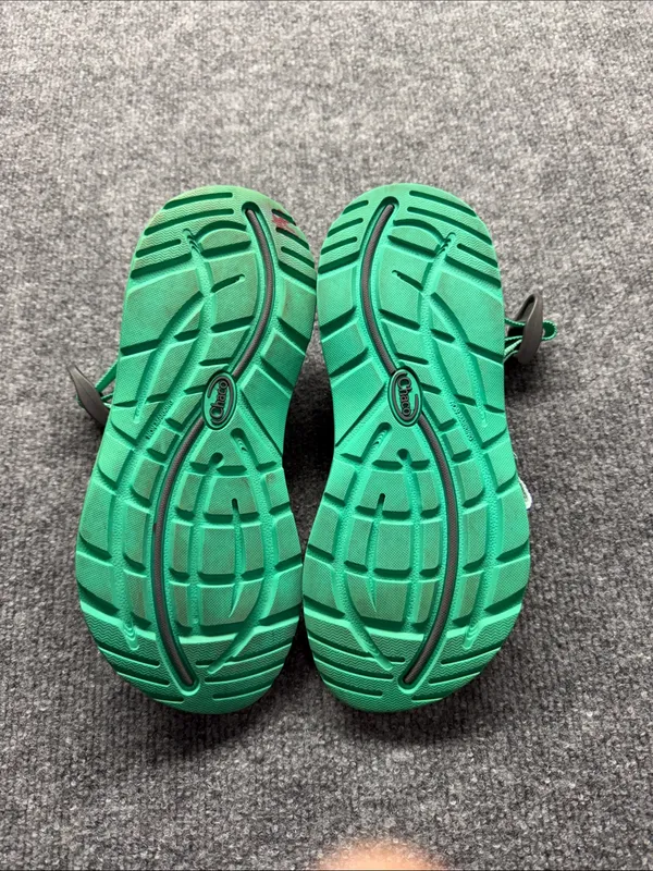 Chaco ZX/2 Classic sandals in a teal/mint green & purple pattern with toe loop. - Image 6