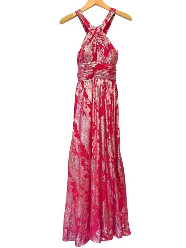 Aidan Mattox Pink Silk Silver Metallic Halter Gown Size 4 - Image 2