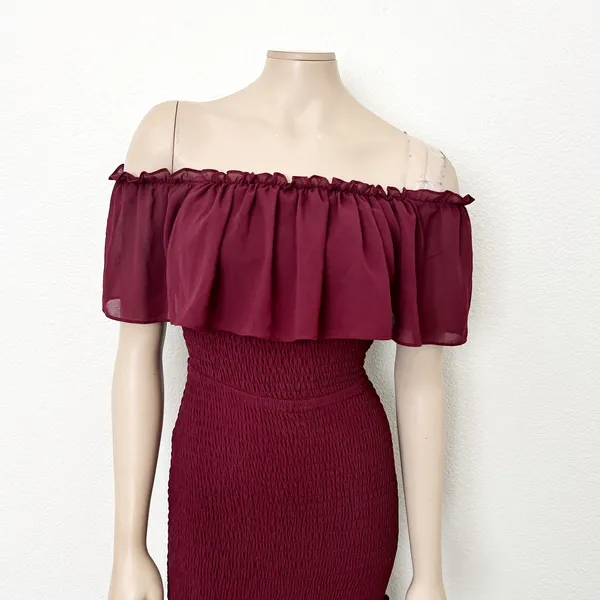 [Baltic Born] Maroon Amalfi Smocked Off The Shoulder Ruffle Maxi Dress Sz Medium - Image 5
