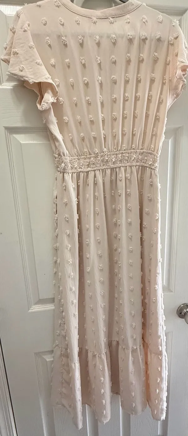 MEROKEETY Swiss Dot Maxi Dress Size M Pink Ruffle Flutter Sleeve V-Neck - Image 4