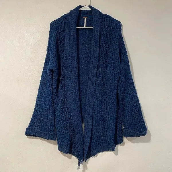 Free People Navy Chunky Knit Fringe Cardigan Oversized Boho Sweater - Image 2