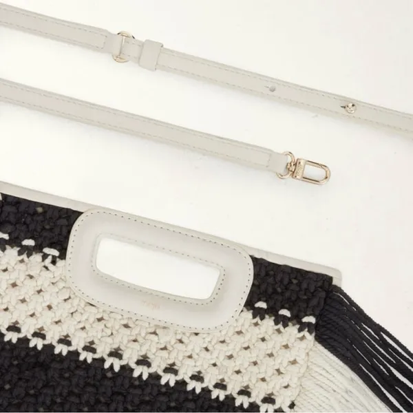 Maje M Bag in Leather and Bicolor Knit Black White Stripe Satchel NWT - Image 6