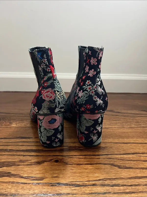 Floral Embroidered Black Ankle Boots - Women's - Image 7
