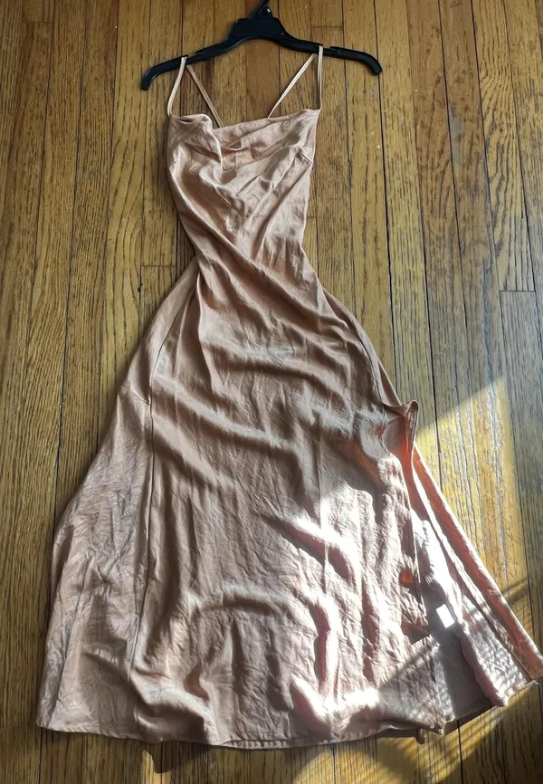 Hello Molly Dress Womens XS Beige Satin Cowl Neck Tie Back Slip Maxi Formal - Image 2