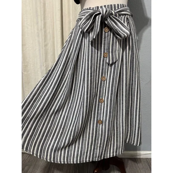 See You Monday Linen Blend Striped Midi Skirt‎ Size L Black White Nautical Cottagecore Modest - Image 8
