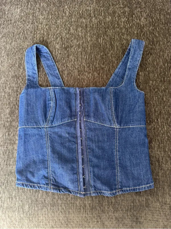 Reformation Tagliatelle Denim Square neck fitted Hook & Eye Top Cotton US 2 NWT - Image 3