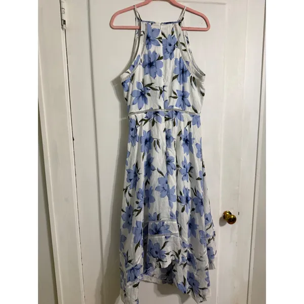 Lulus Blue White Floral Halter Midi Dress Handkerchief Hem Ladder‎ Lace XL - Image 6