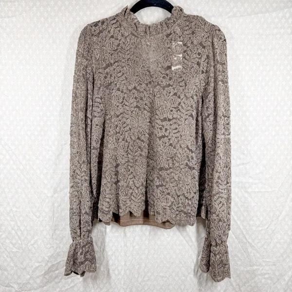Anthropologie Eri + Ali Women Top Sz M NWT Taupe Brown Velvet Floral Delano Lace - Image 2