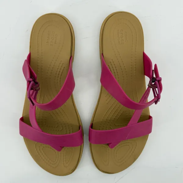 Crocs Tulum Toe Post Sandal Flip Flop Fuchsia Pink Tan Women 7 Buckle Straps - Image 4