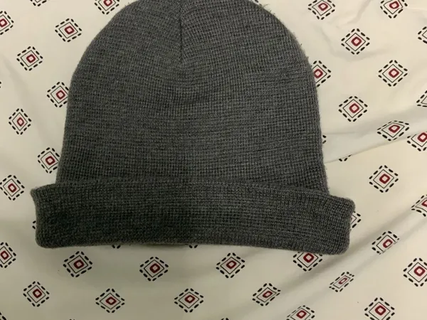 George One Size Hat Beanie Fall Winter Cap Grey Black Waffle Knit Foldover - Image 2