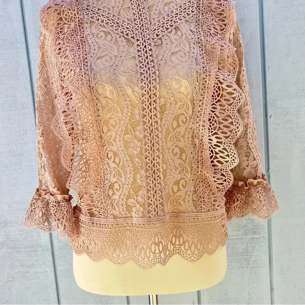 Melograno Rico Lace Blush Blouse See-through Top Long Sleeve Size Small - Image 8