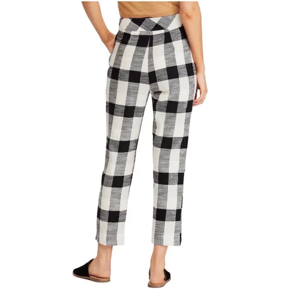 Free People Women Clear Skies‎ Cotton Pants 2 Black White Buffalo Plaid Academia - Image 4