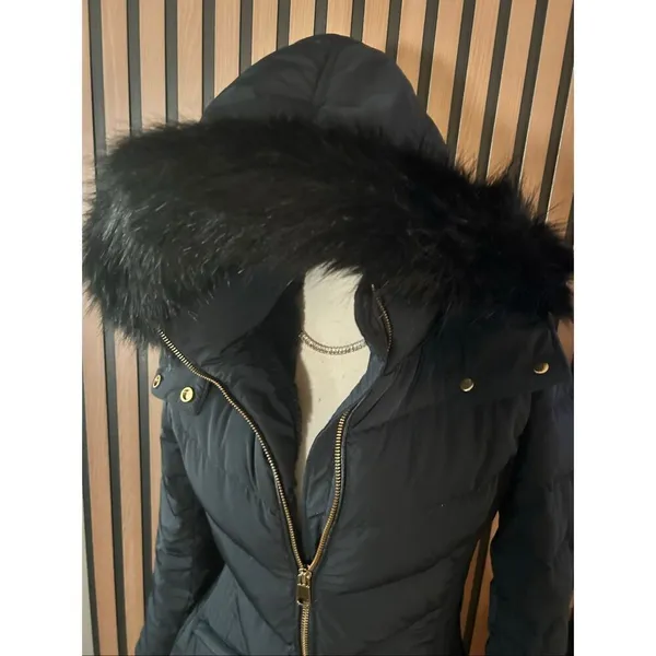 Zara black winter coat with hoodie size small jacket filled with down feathers - Image 2
