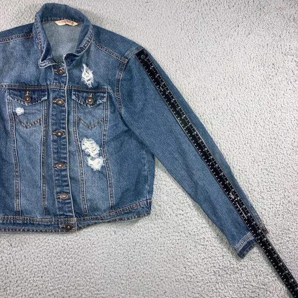 Highway Jeans Denim Jacket Women M Medium Wash Distressed‎ Ripped Trucker - Image 6