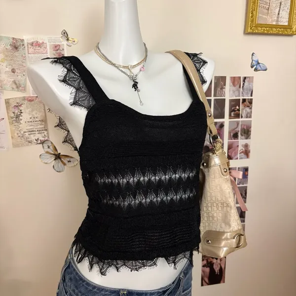 Zara Black Open Knit Tank Top With Lace Trim And Straps Size L - Image 2