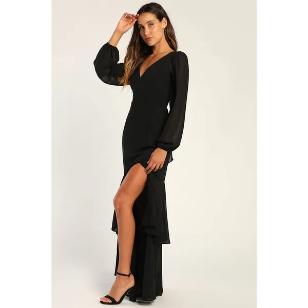 Lulus Tier Elegance Black Long Sleeve Tiered Maxi Dress Chiffon Formal M NWT - Image 2