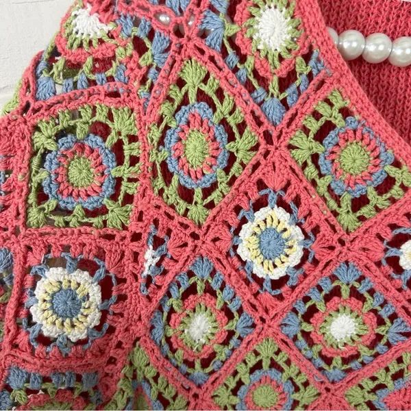 Vintage Granny Knit Crotchet Button Front Top Size M - Image 7