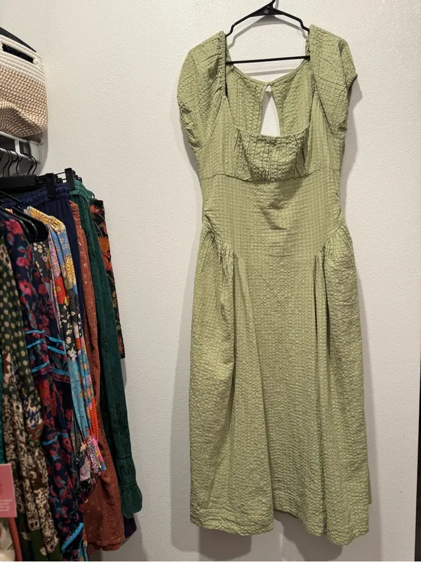 Free People Ciara Pucker Check Midi Dress Olive Sage Large NWOT - Image 2