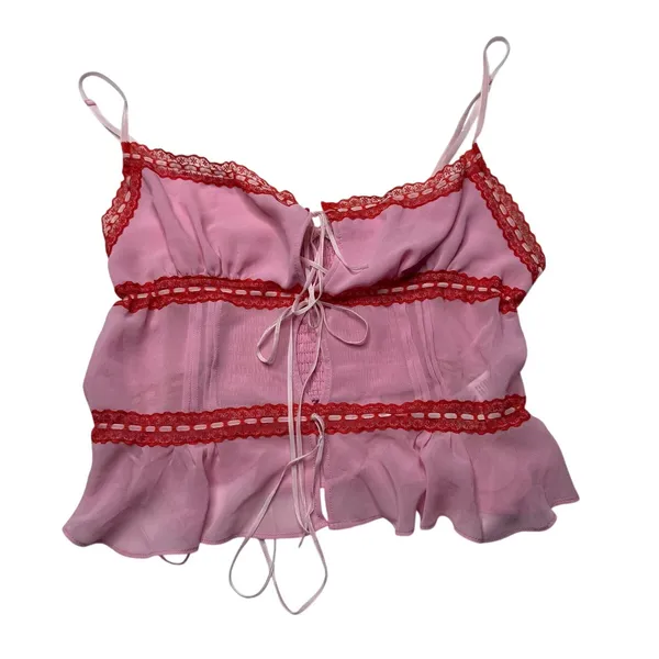 Kimchi Blue Ivy Lace Inset Cami Pink Red Tie Front Urban Outfitters XS S - Image 4