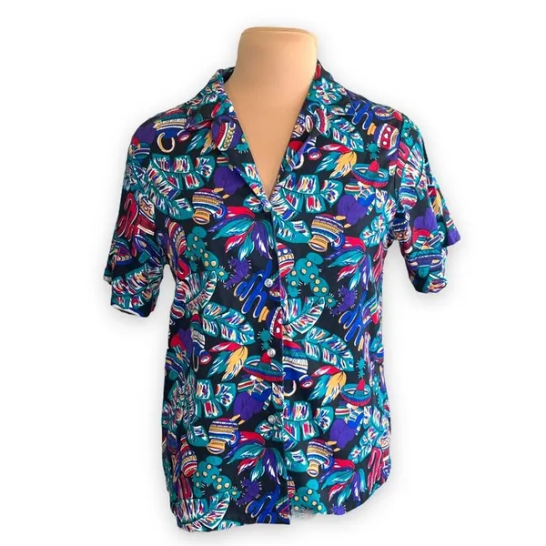 Vintage Colorful Festival Button Up‎ Shirt Southwestern Medium Novelty Print - Image 10
