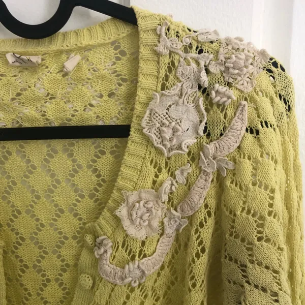 Anthropologie Sparrow Valance Lace Knit Cardigan Lime Yellow Size M Rare - Image 5