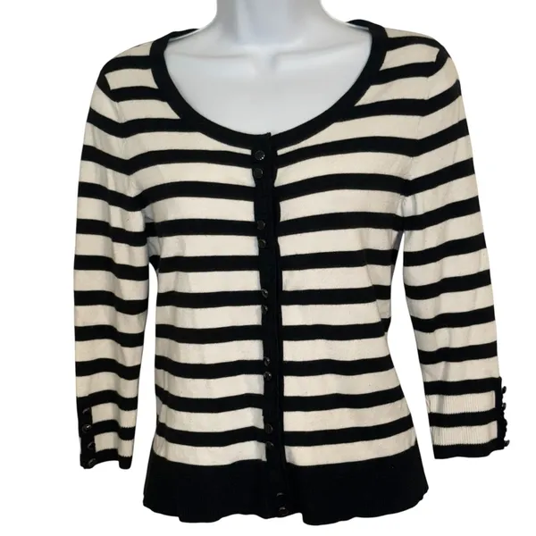 WHITE HOUSE‎ BLACK MARKET Black/White Striped Snap Front 3/4 Sleeve Cardigan S - Image 2