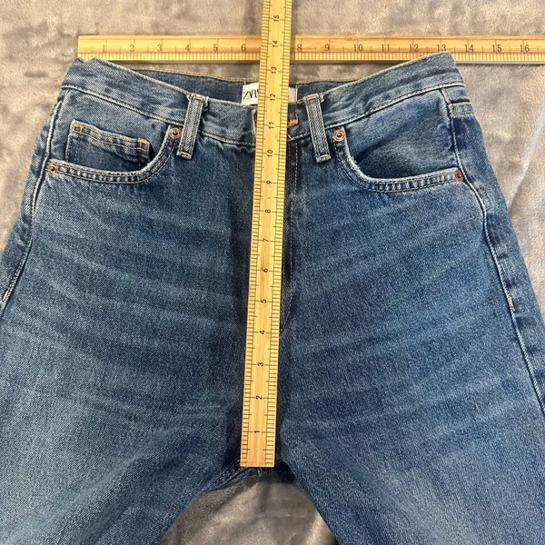 Zara Jeans Size 2 Wide Straight Leg Long High Rise Raw Hem Rigid Denim Cotton - Image 13