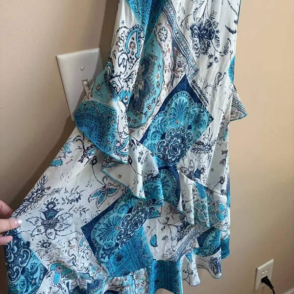 Vintage blue white adjustable knot straps midi tiered fairy dress women's size M - Image 2