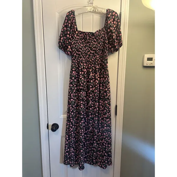 BTFBM Floral Smocked Cottagecore Maxi Dress Puff Sleeve Black Pink Large - Image 3