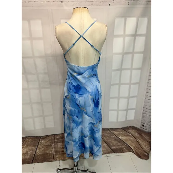 Lulu’s Bright Charm Blue Abstract Print Chiffon Slip Midi size medium - Image 9