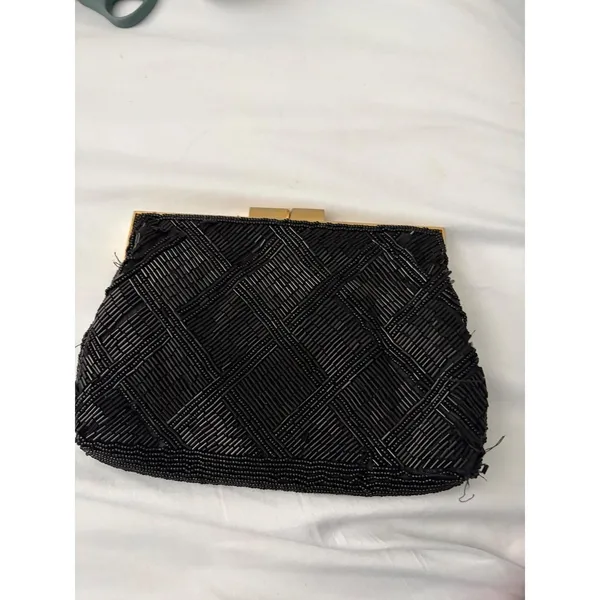 Vintage Marshall‎ Fields Black Beaded Clutch Hand Made Evening Bag Gold Chain - Image 5