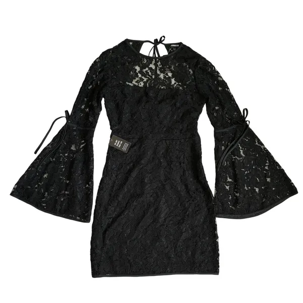 Express Womens 2 Black Floral Lace‎ Bell Sleeve Open Back Mini Dress - Image 3