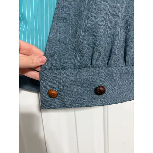 Vintage Wrap Front Cropped Vest Slate Blue Teal Pinstripe Lining Woven Buttons - Image 4
