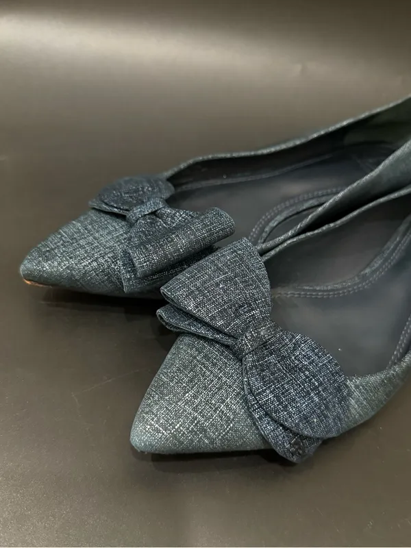 TORY BURCH Rosalind Navy Blue Denim Print Textured Suede Ballet Flats Size 8M - Image 2
