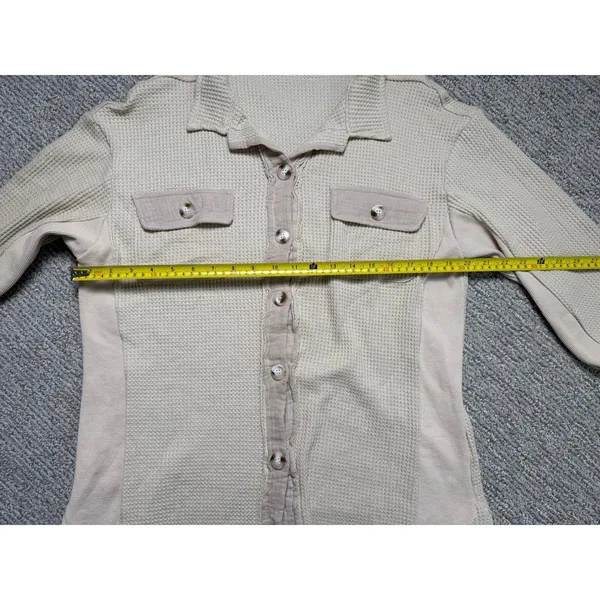 Cream Waffle‎ Knit Button Down Shacket Contrast Panel Thermal Shirt Small - Image 5