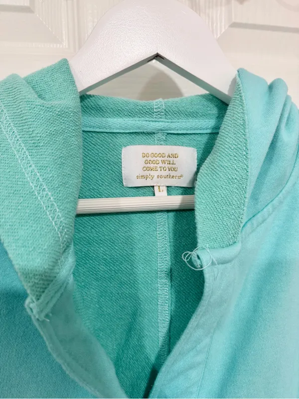 Simply Southern Aqua Cropped Hoodie M Raw Hem V Neck Coastal Beach Pullover - Image 3