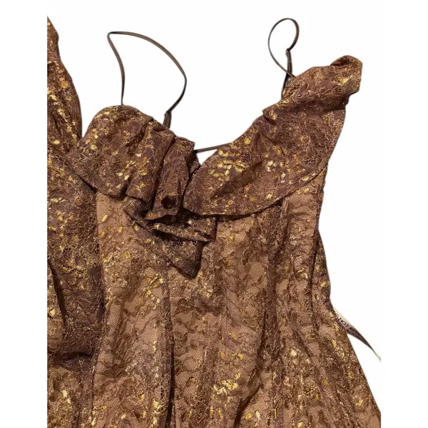 NEW House Of CB Dress Luciana Metallic Brown Long Gown Dress Peppercorn Xs Vneck - Image 3
