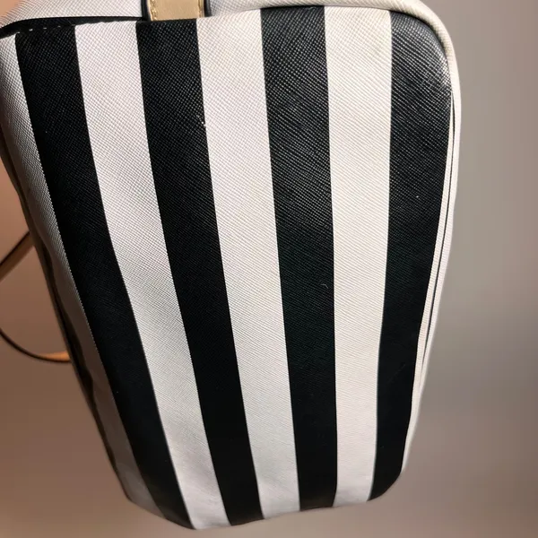 Guess Black White Stripe Tote‎ Bag Beige Trim Interior Leopard Print - Image 5