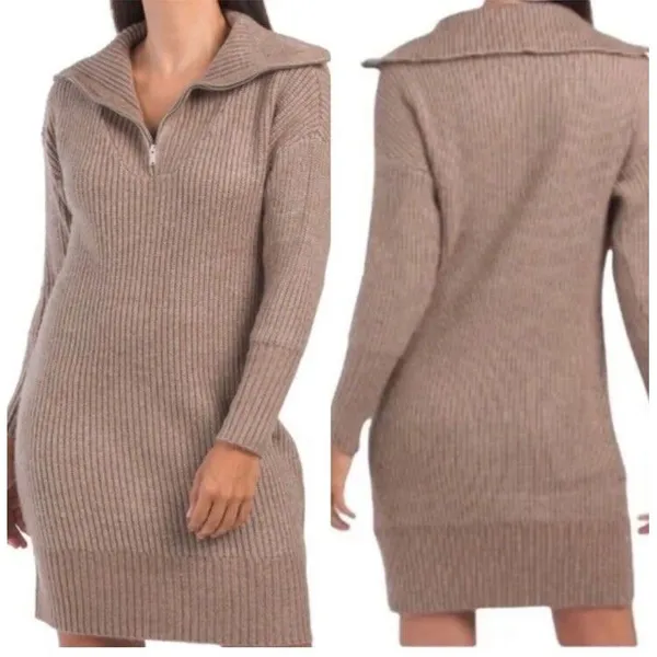Cupcakes & Cashmere Notch Collar Sweater Dress Tan Zip‎ Shawl Size Large - Image 2