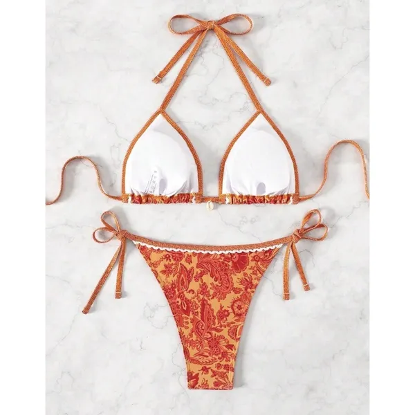BYFINECANY Women's Floral Printed Swim Bikini Set Orange S - Image 2
