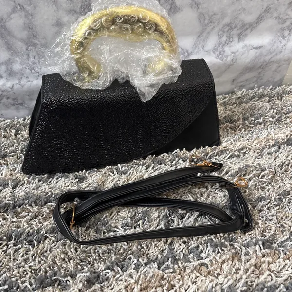 Black Croc-Embossed Handbag with Gold Handle & Crossbody Strap - Image 2