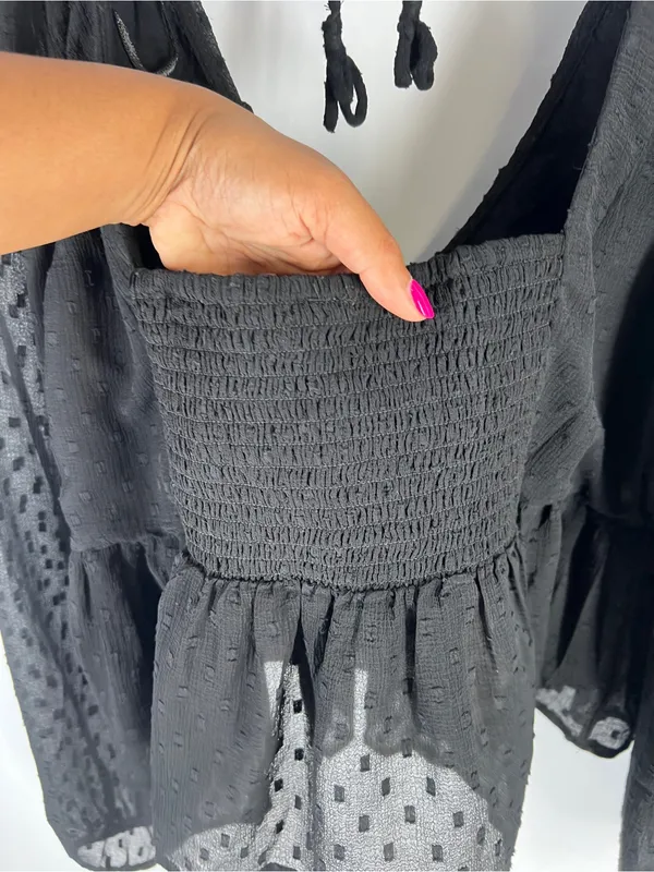 Anthropologie Black Sheer Peplum Blouse Size L Swiss Dot Long Sleeve - Image 11