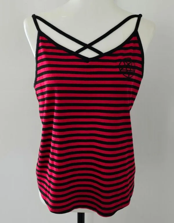 Hot Topic Red & Black Striped Crisscross Strap Pentagram Patch Tank Top Size XL - Image 2