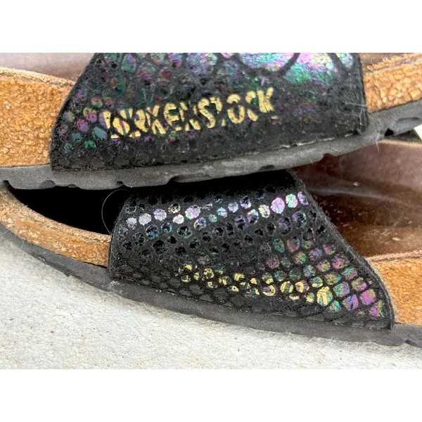 ⁠Birkenstock Madrid Black Metallic Python Snake Sandals Sz 38 Gold Buckle - Image 4