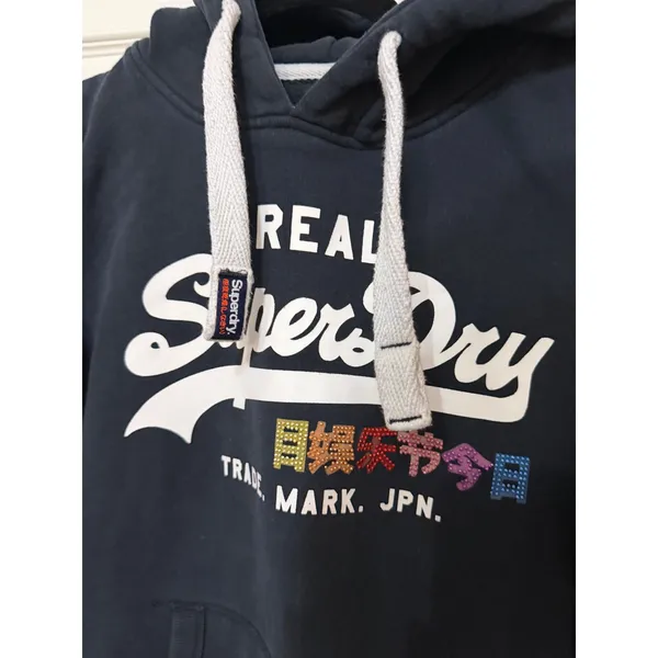 Superdry Womens Real Superdry Trade Mark JPN Logo Hoodie Navy Blue Rhinestone M - Image 4
