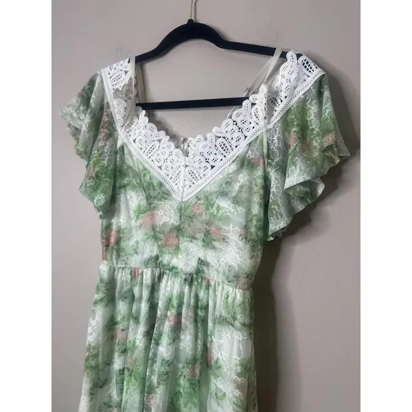 DISNEY Dress Juniors Small Green Lace Overlay‎ Fairy Whimsy Cottagecore Straps - Image 2