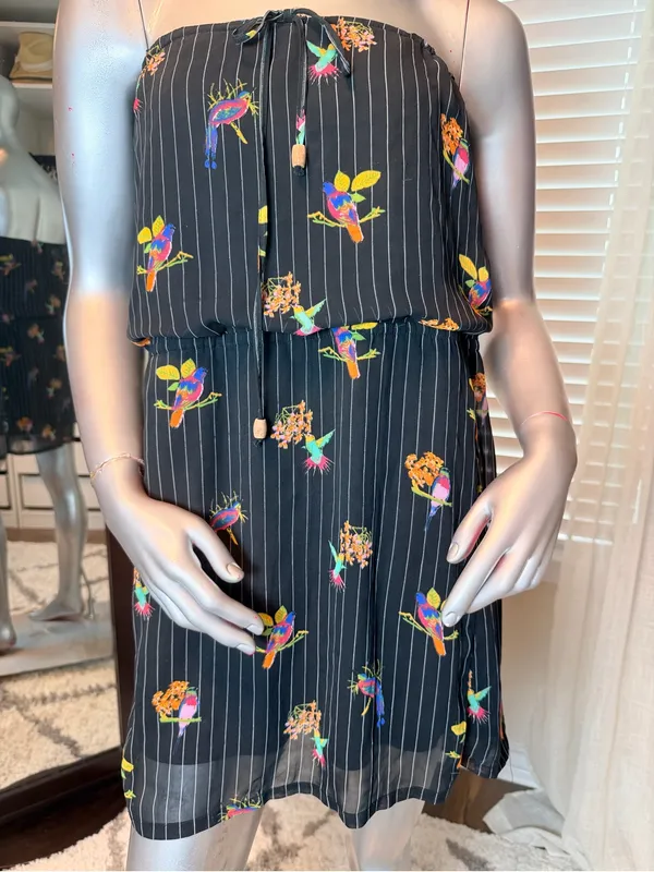 O'Neill Medium Strapless Tropical Bird Print Dress Black Pinstripe Boho Summer - Image 2
