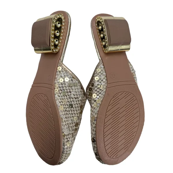 Gold Mesh Slides w/Round Toe Silver & Gold‎ Sequins Open Circle 1.5” Heels - Image 7