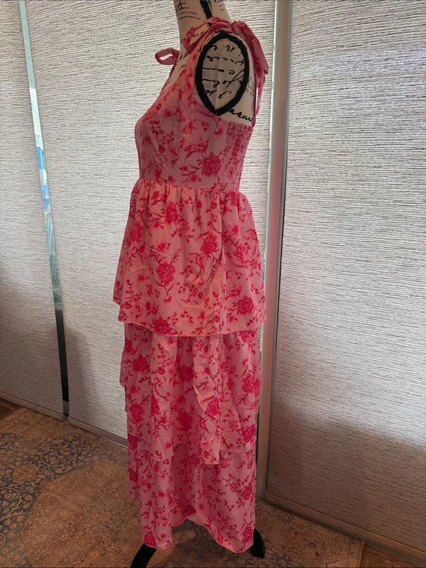 Wenrine Woman’s Tiered Summer Pink Floral Maxi Dress with Tie Straps - Image 10